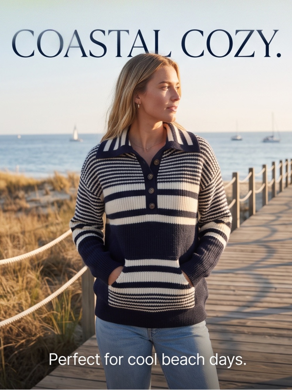 Heartloom Navy and Cream Striped Henley Sweater